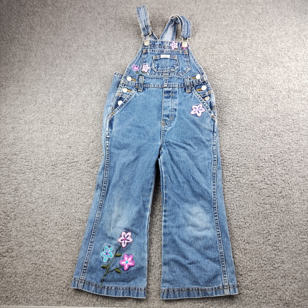 VTG y2K Denim Bib Overalls Floral Embroidered Girls‎ Size Small 4-5